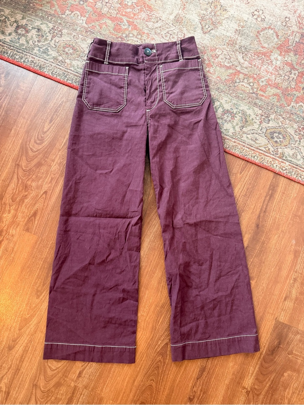 Maeve Plum Wide-Leg Pants with Contrast Stitching